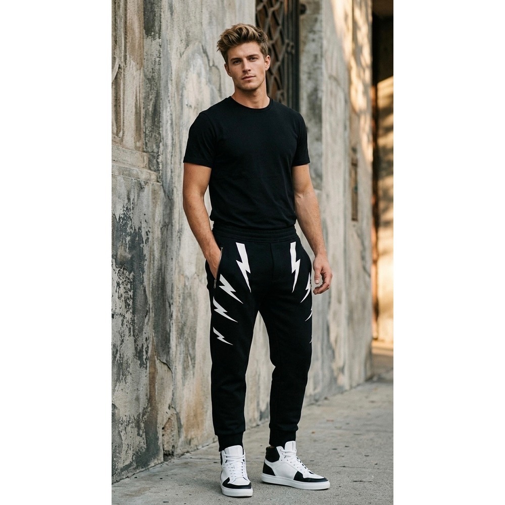 Neil Barrett Mens Fair Isle Thunderbolt Skinny Fit Joggers Black White Size L